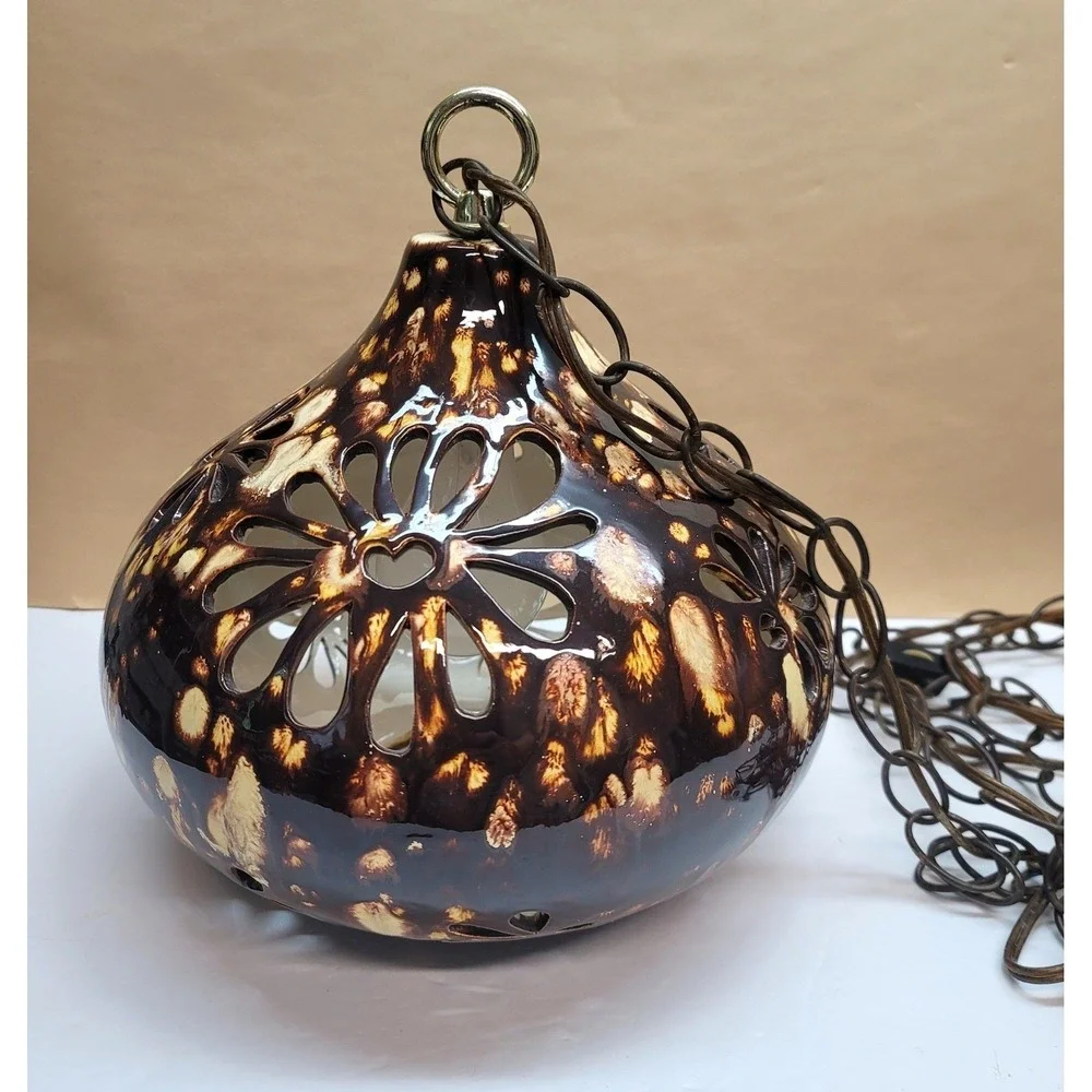 Vintage Handmade Ceramic Swag Lamp Brown‎ Drip Glaze Floral Cutout Pendant Light